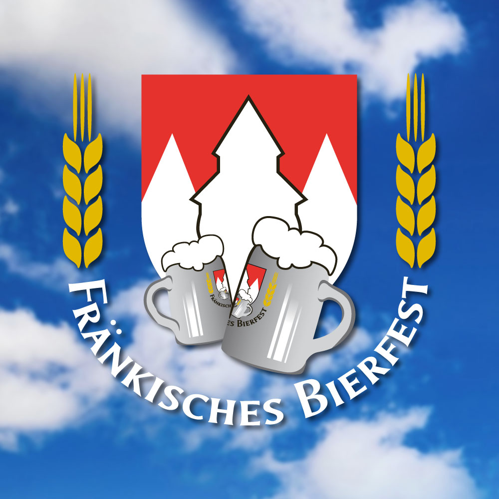 Teaser Quadrat verlinkt, Corporate Design Fränkisches Bierfest; Logo: 2 Steinkrüge, die anstoßen, Wappen Frankenrechen rot-weiß, mittlere Zacke als Burgturm, umgeben von Schriftzug, der rechts und links in goldgelben Ähren endet; Himmel weiß-blau 