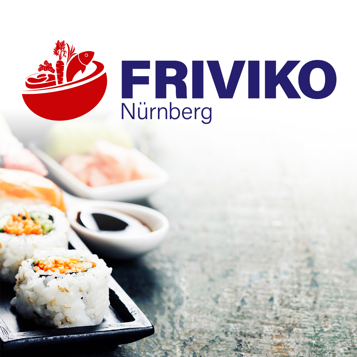 Logo Friviko; Schrift Versalien, gerade, modern, dunkelblau; davor rotes Visual Vektorgrafik: nach links geneigter Bowl; Inhalt: Fleisch, Fisch, Gemüse; Hintergrund: Nahaufnahme Sushi auf Schieferbrett angeschnitten