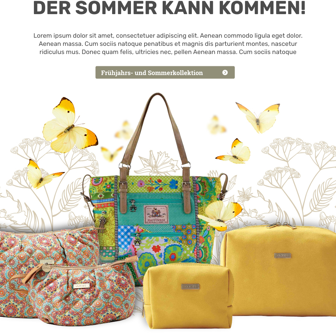 Teaser Quadrat verlinkt, Vorschau Onlineshop Richard Jäger; vorne Kulturbeutel und Handtaschen Sommerkollektion, die von gelben Schmetterlingen umkreist werden; dahinter angedeutet Pflanzen in beige als Vektorzeichnung