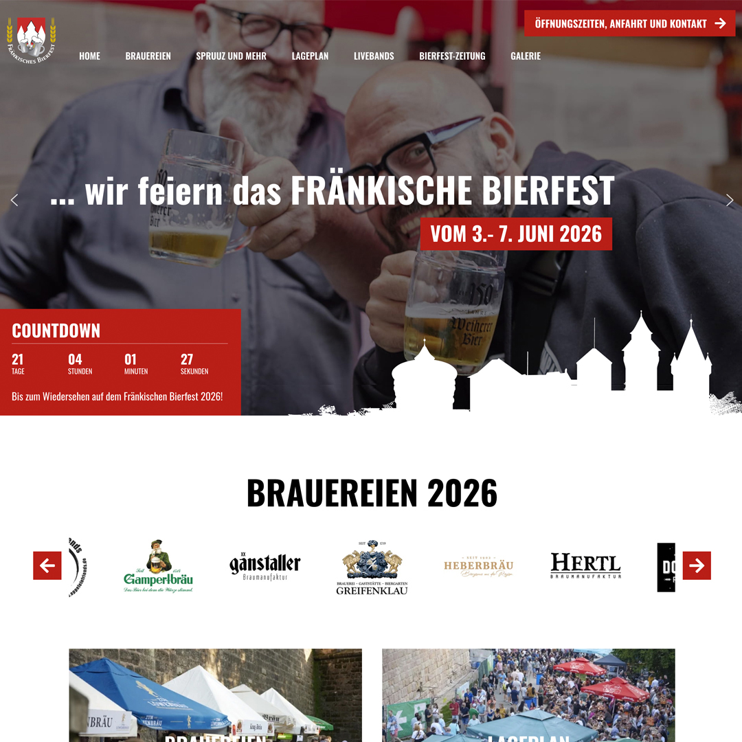Teaser Quadrat verlinkt, Ausschnitt Internetauftritt Fränkisches Bierfest Nürnberg; Startseite; zwei Männer prosten mit Bierkrügen dem Betrachter zu; Silhouette Nürnberger Burg; Lider mit Brauereilogos