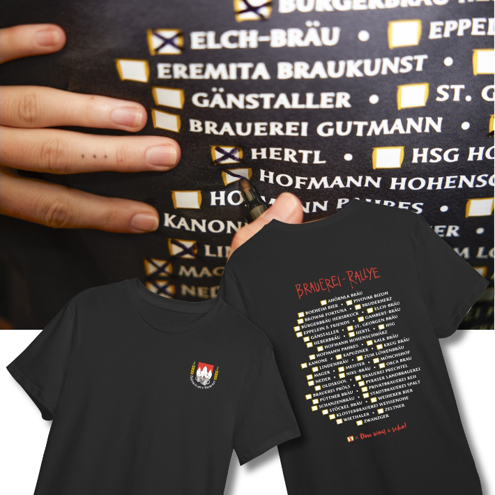 Teaser Quadrat verlinkt, schwarzes Kurzarm-T-Shirt "Bier-Rallye" Fränkisches Bierfest Nürnberg; Vorderseite Logo, Rückseite teilnehmende Brauereien zum abhaken; im Hintergrudn Nahaufnahme von T-Shirt auf, dem jemand eine Brauerei ankreuzt