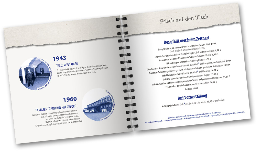 Quadratische Speisekarte Zeltner Nürnberg mit Spiralbindung; Doppelseite Innteil aufgeschlagen; Grundtöne Weiß, Beige; Headlines Dunkelblau, Fließtext Grau, Brauereihistorie Motive monochrom blau, kreisrund