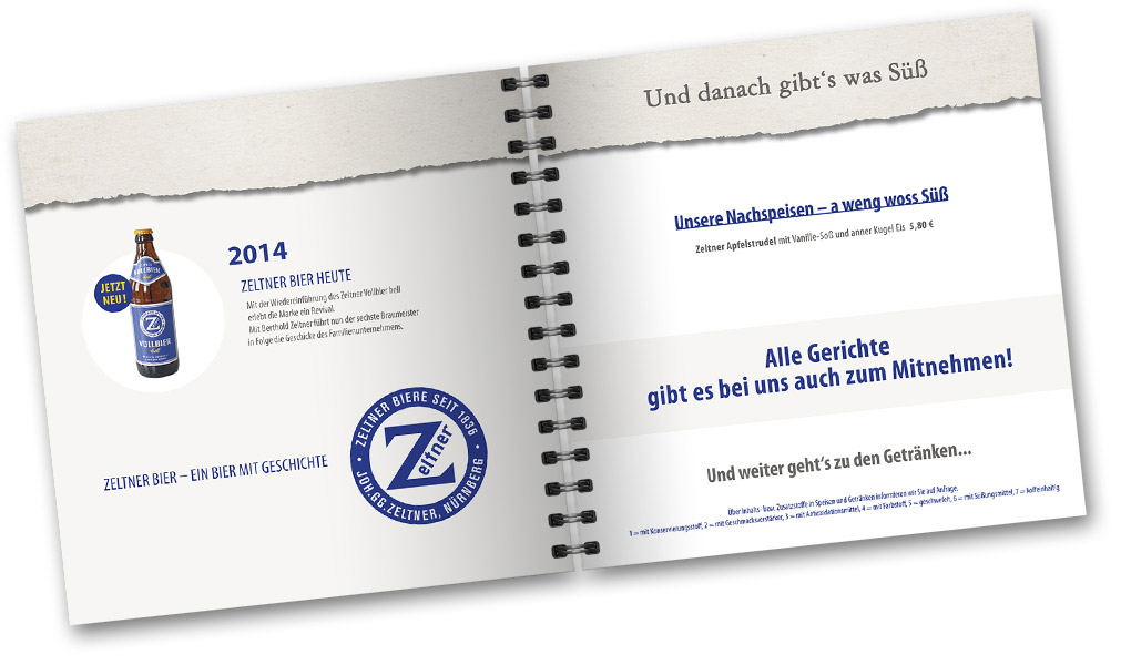 Quadratische Speisekarte Zeltner Nürnberg mit Spiralbindung; Doppelseite Innteil aufgeschlagen; Grundtöne Weiß, Beige; Headlines Dunkelblau, Fließtext Grau, Brauereihistorie Motive monochrom blau, kreisrund