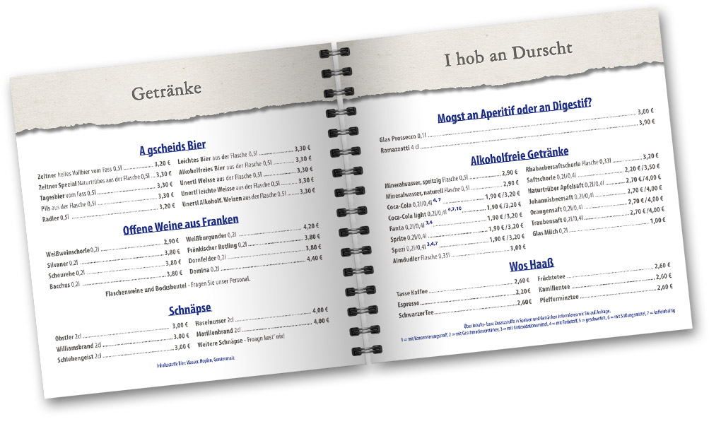 Quadratische Getränkekarte Zeltner Nürnberg mit Spiralbindung; Doppelseite Innteil aufgeschlagen; Grundtöne Weiß, Beige; Headlines Dunkelblau, Fließtext Grau, Brauereihistorie Motive monochrom blau, kreisrund