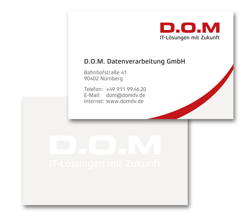 D.O.M 2-seitige Visitenkarte, Vorderseite Logo rot-schwarz, Text schwarz, rechte Ecke halbbogen rot und cremefarben; Rückseite cremefarben, Logo weiß