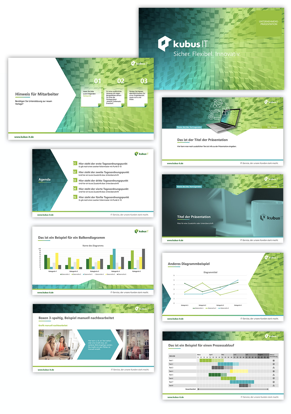 Mehrere Screens aus Powerpointpräsentation mit Darstellung verschiedener Inhalte wie Charts, Listen, Titelseite, Designelemente mit Hintergrund aus vielen kleinen 3D-Würfeln, im Farbverlauf Dunkelgrün, Türkis zu Hellgrün