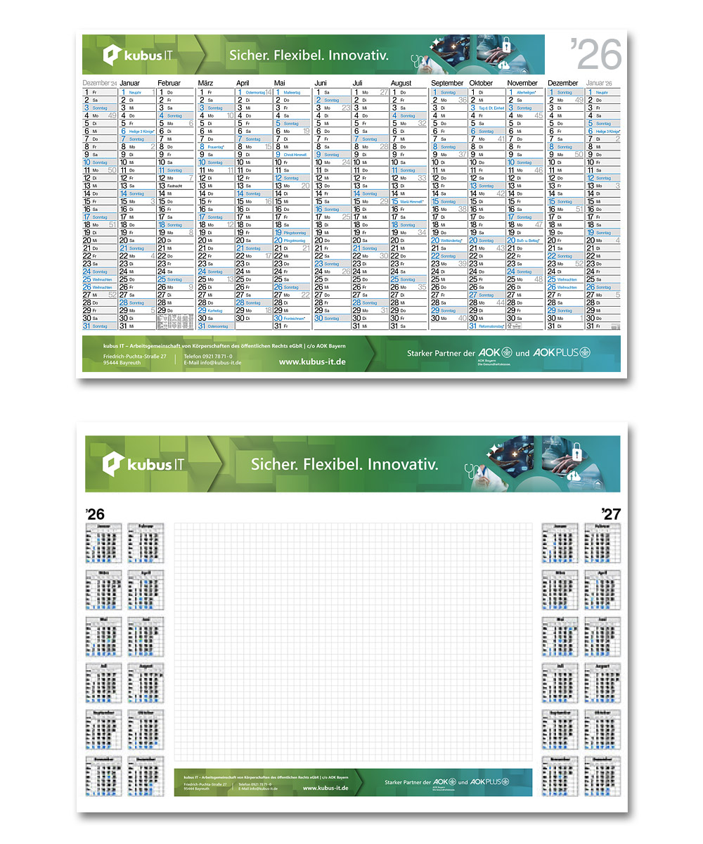 Wandkalender und Schreibunterlage, Kopfzeilen 3D-Würfel-Hintergrund, Verlaufsfarben Hellgrün, Dunkelgrün, Türkis, darauf kreisrund angeordnet 4 Visuals; Themen Medizin, KI, Sicherheit, Datenaustausch; Fußleiste 3D-Würfel-Hintergrund mit Kontaktdaten