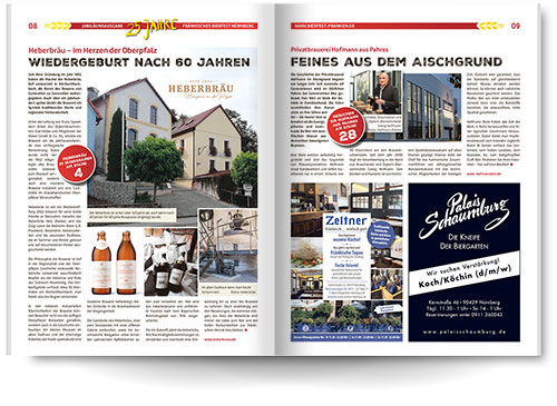 Magazin Fränkisches Bierfest Doppelseite Innenteil mit Brauereiartikeln aufgeschlagen