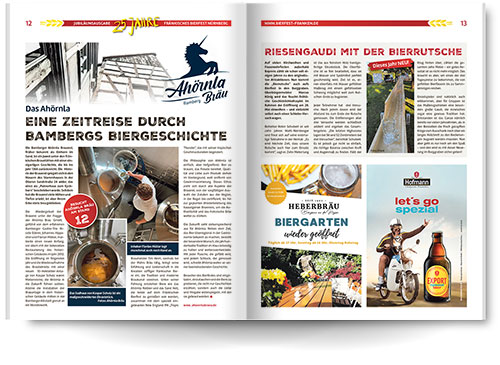 Magazin Fränkisches Bierfest Doppelseite Innenteil mit Brauereiartikeln aufgeschlagen