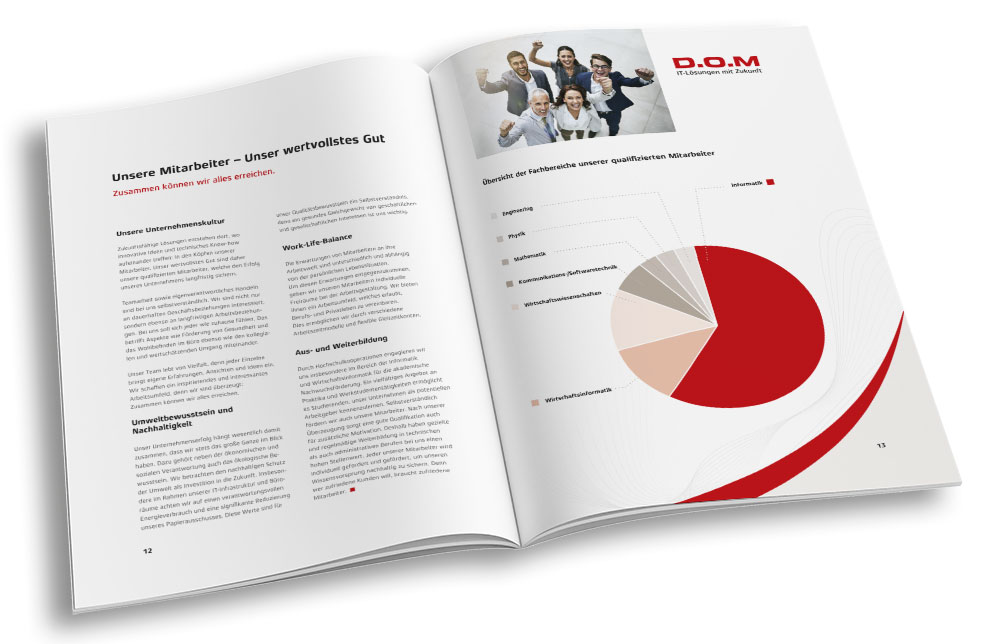 Unternehmensbroschüre D.O.M Doppelseite aufgeschlagen; rot-weiße Tortengrafik; glückliches Team zum Thema Mitarbeiter