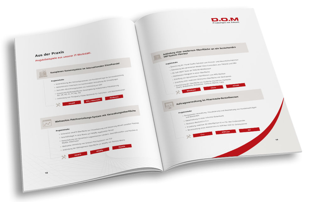 D.O.M Unternehmensbroschüre Doppelseite Innenteil aufgeklappt