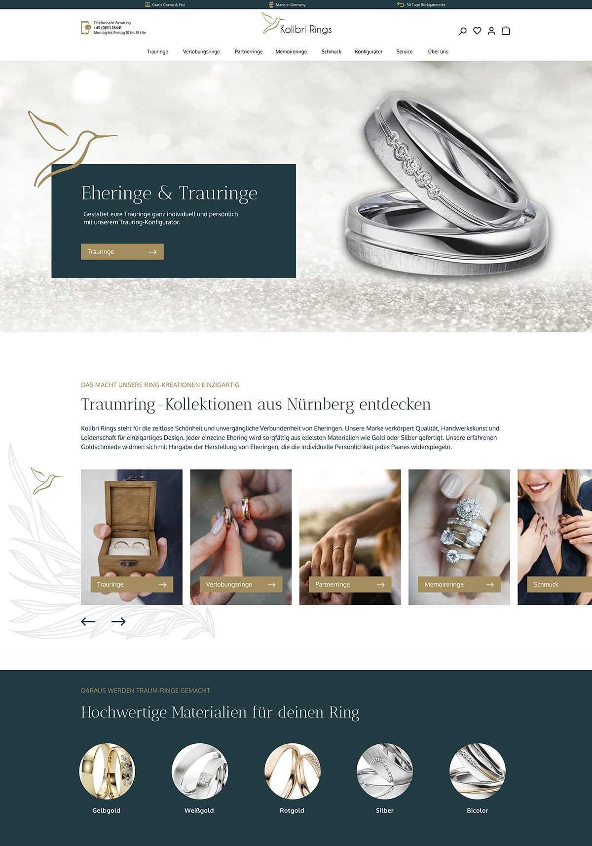 Referenz Startseite Onlineshop Kolibri Rings; Eheringe und Trauringe; Farbgebung Layout: Hintergrund weiß, schwarzgrüne Flächen, goldfarbene Akzente, Motive von Ringen