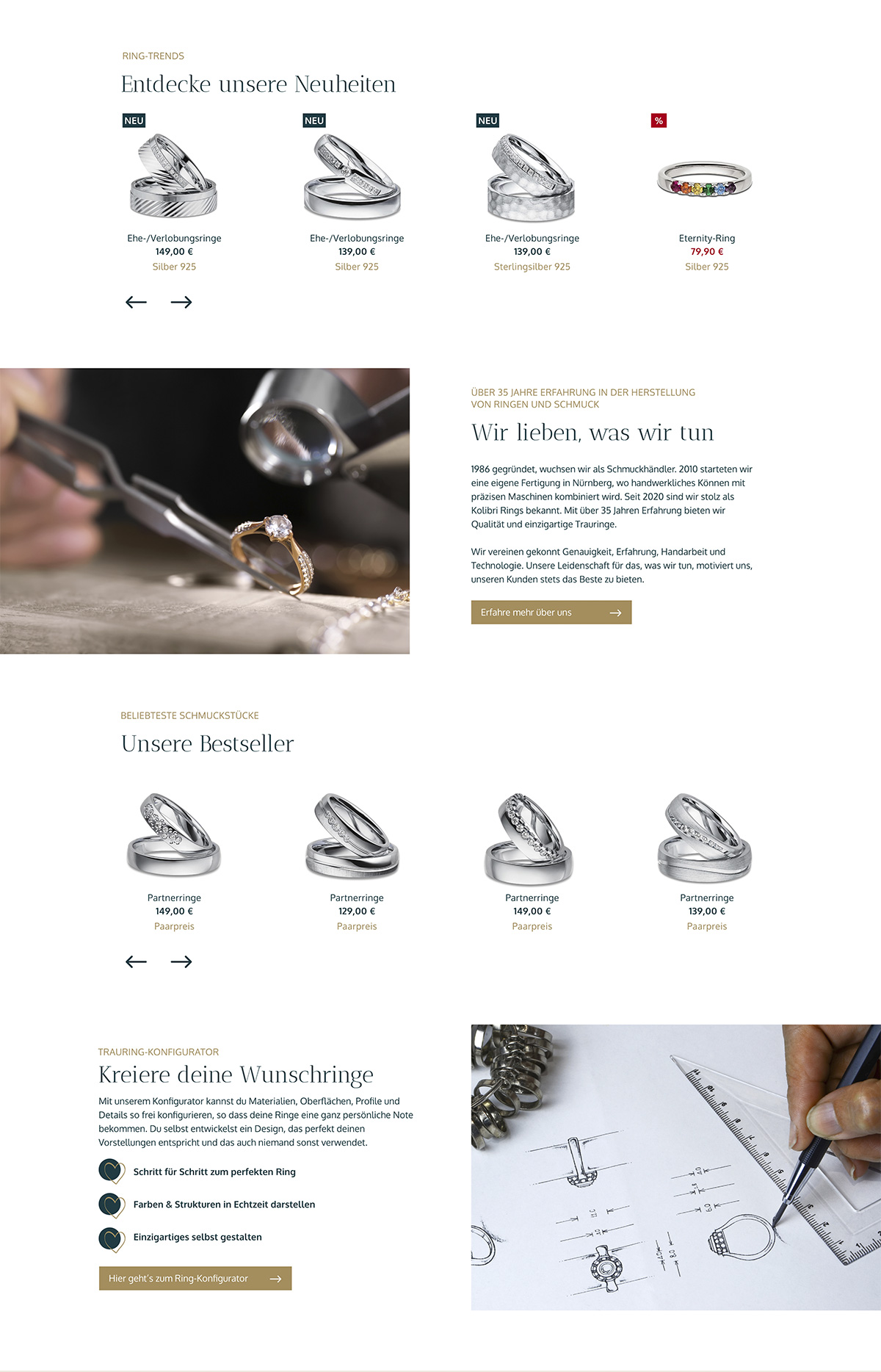 Fortsetzung Referenz Startseite Onlineshop Kolibri Rings; Slider Silber-Ringe Neuheiten, Slider Ringe Bestseller; Motiv und Text zu Trauringmanufaktur und Wunschringkreation; Farbgebung Layout: Hintergrund weiß, goldfarbene Akzente