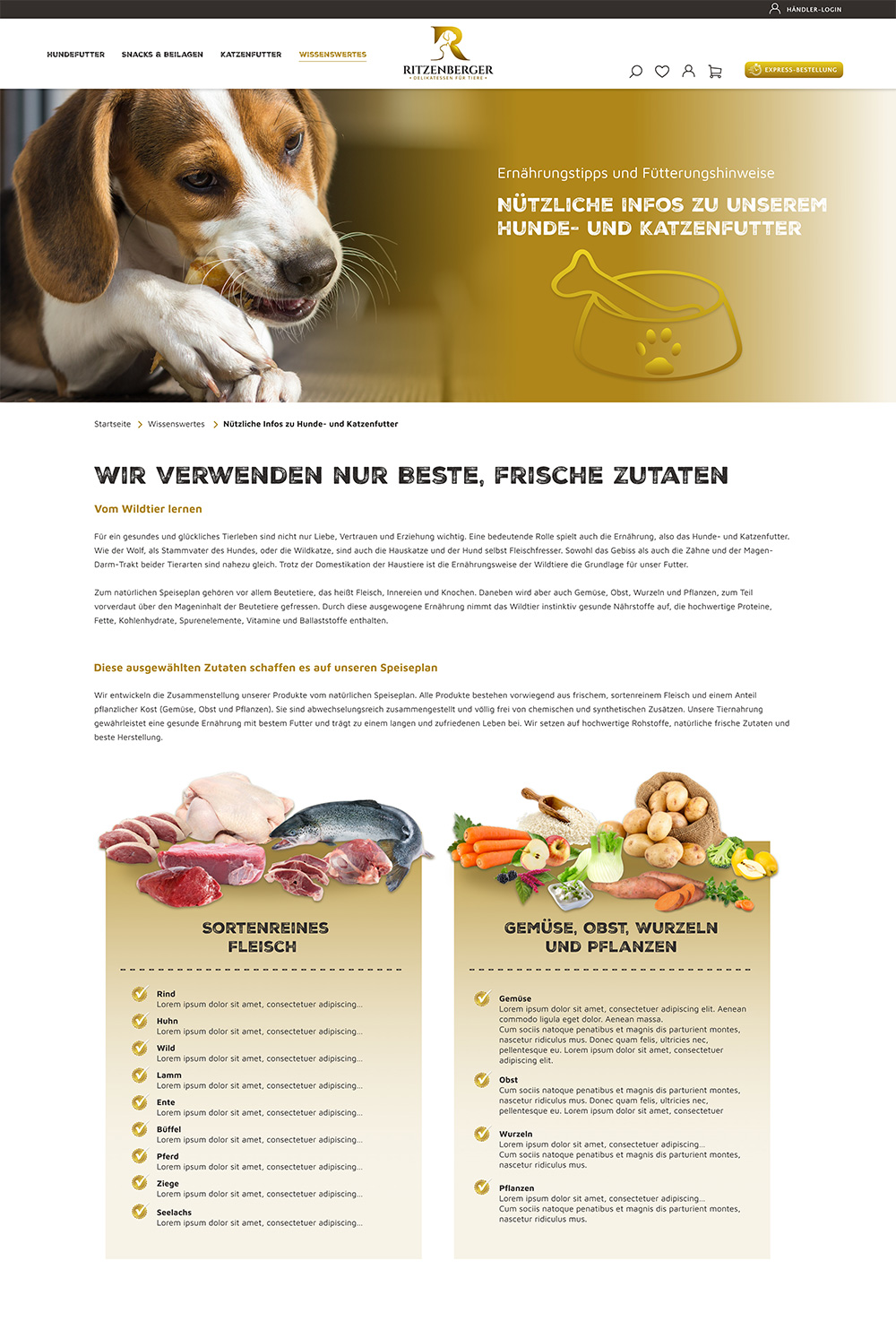 Seite Onlineshop: Verwendung frischer Zutaten für Hundefutter; Slider: weißbraun gefleckter Hund kaut genüsslich an Trockenfutter-Knochen, daneben Icon, Slogan und Text; darunter zwei Spalten: Liste Fleisch und Liste Gemüse, Obst, etc.