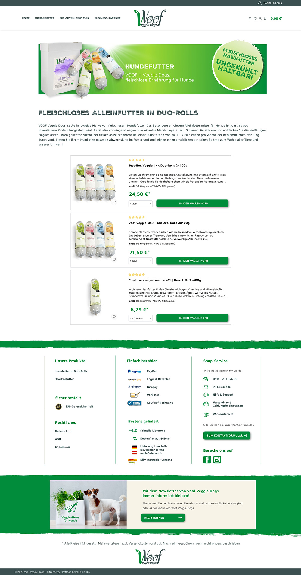 Onlineshop Voof Veggie Dogs Produktseite; Header in freundlichen Grüntönen mit Composing von Hundefutterprodukten; Artikeldetailseite