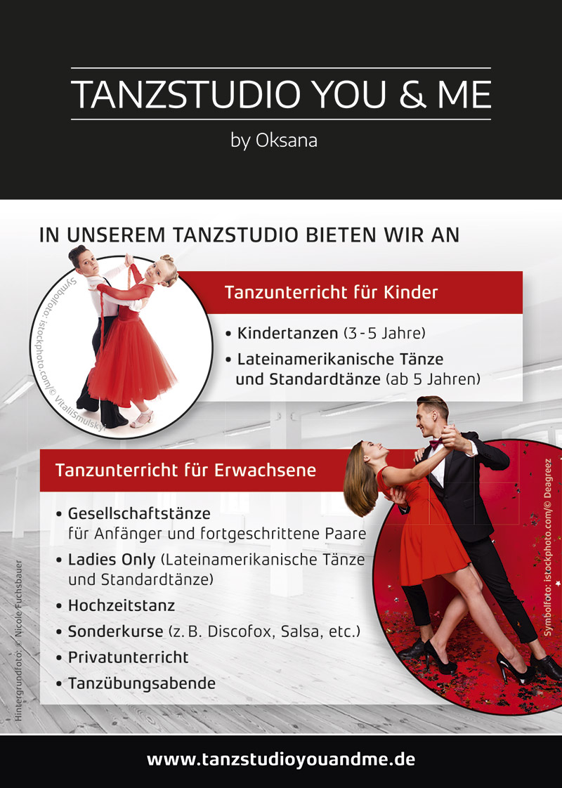 Flyer DIN A6 Tanzen für Kinder und Erwachsene Rückseite; tanzendes Kinder- und Erwachsenenpaar in Tanzkleidern und Anzügen, Gestaltung in den Farben Schwarz, Rot, Weiß und Grau; Textinhalte, Angebot, Kontakt, Logo