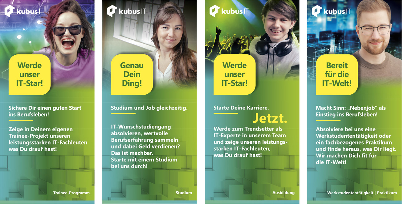 4 Titel von Faltblättern DIN-Lang Hochformat zu Studium, Ausbildung, Praktikum und Trainee-Programm mit jeweils Motive von jungen Leuten, Hintergrund aus 3D-Würfelmuster, Verlaufsfarbe Dunkelgrün, Türkis zu Hellgrün