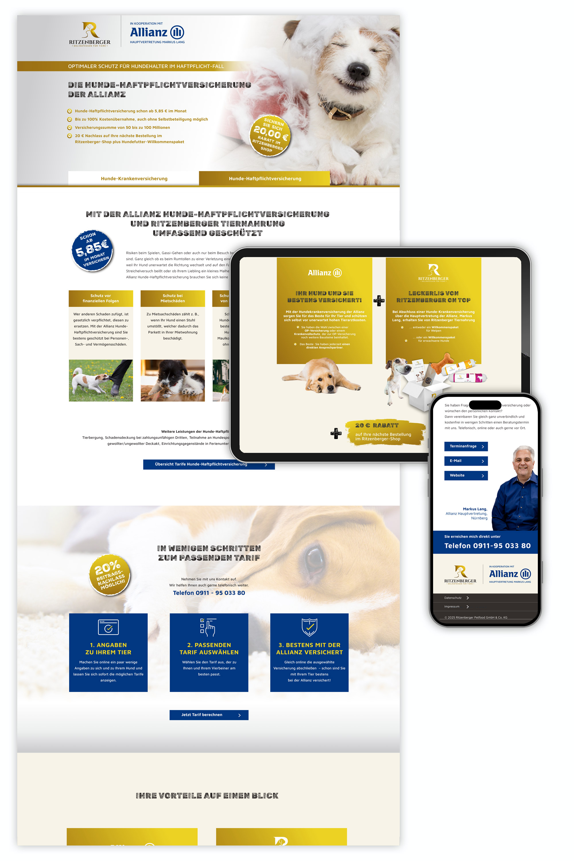 Referenz Startseite Onpage Ritzenberger – Allianz; Ansicht Desktop, Tablet, Mobile, responsives Design