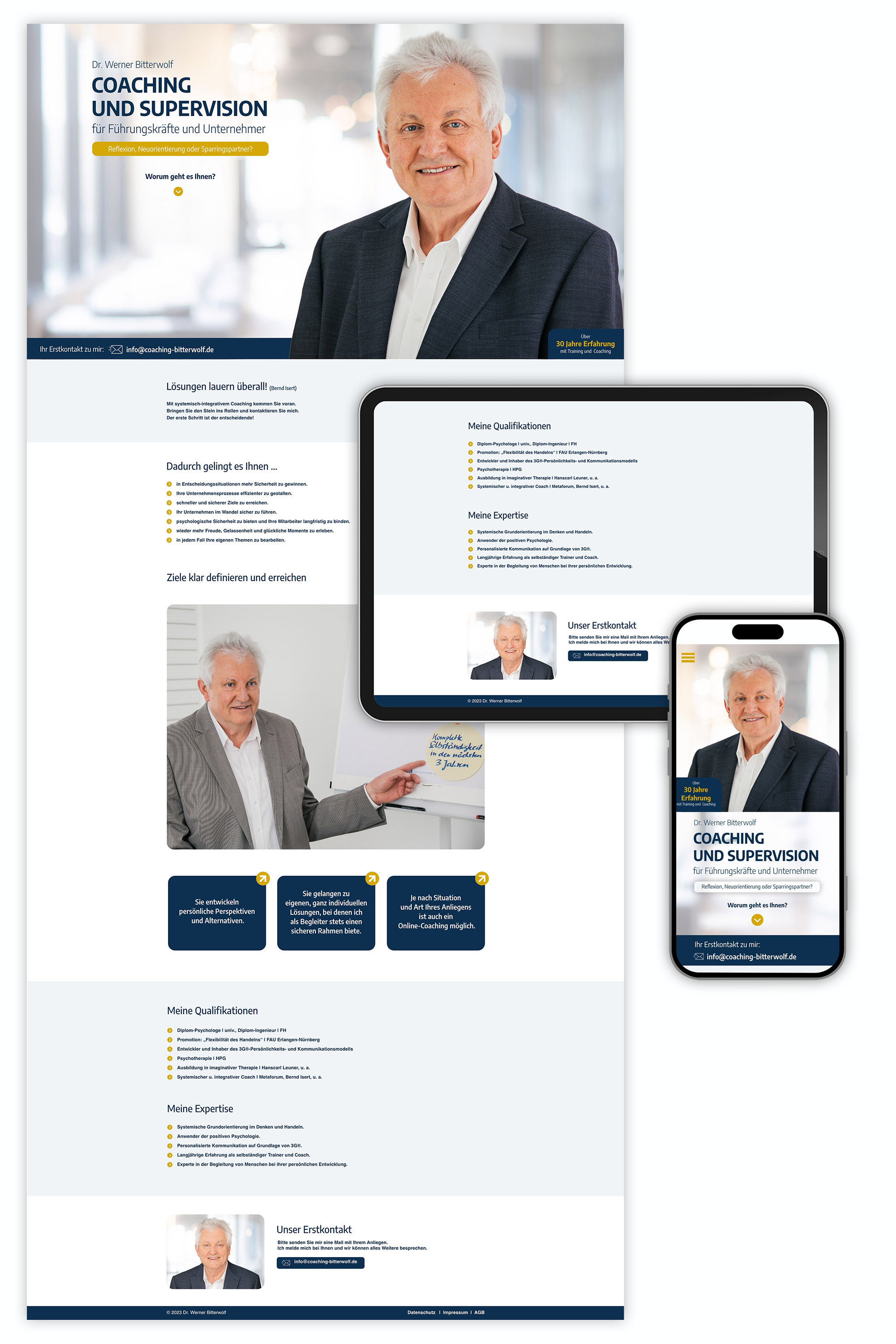 Darstellung der responsiven Onepage Dr. Werner Bitterwolf Coaching und Supervision als Desktopversion, Tabletversion und mobiler Version