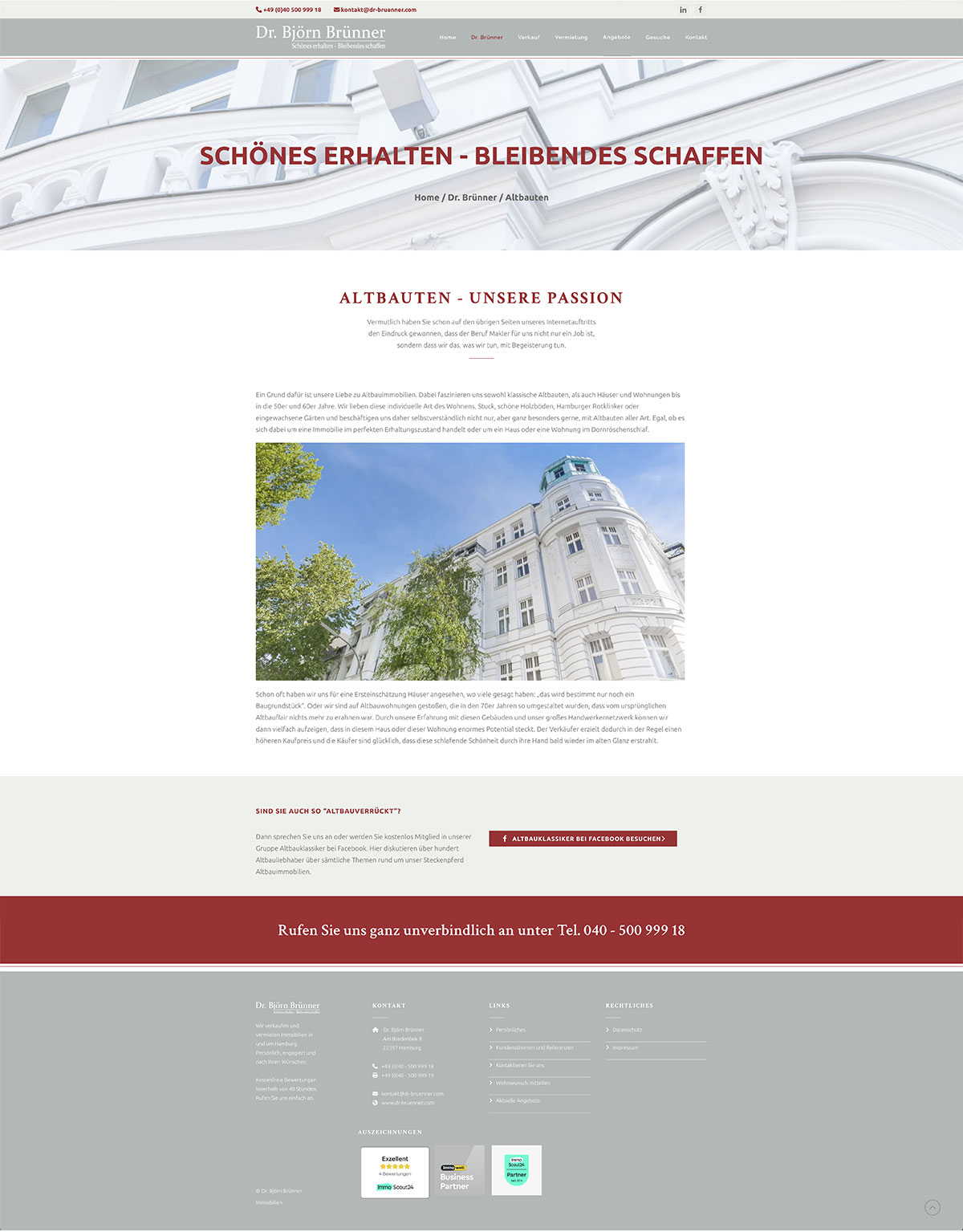 Seite Altbauten – unsere Passion; Farben Weiß, Weinrot, Hell- und Mittelgrau