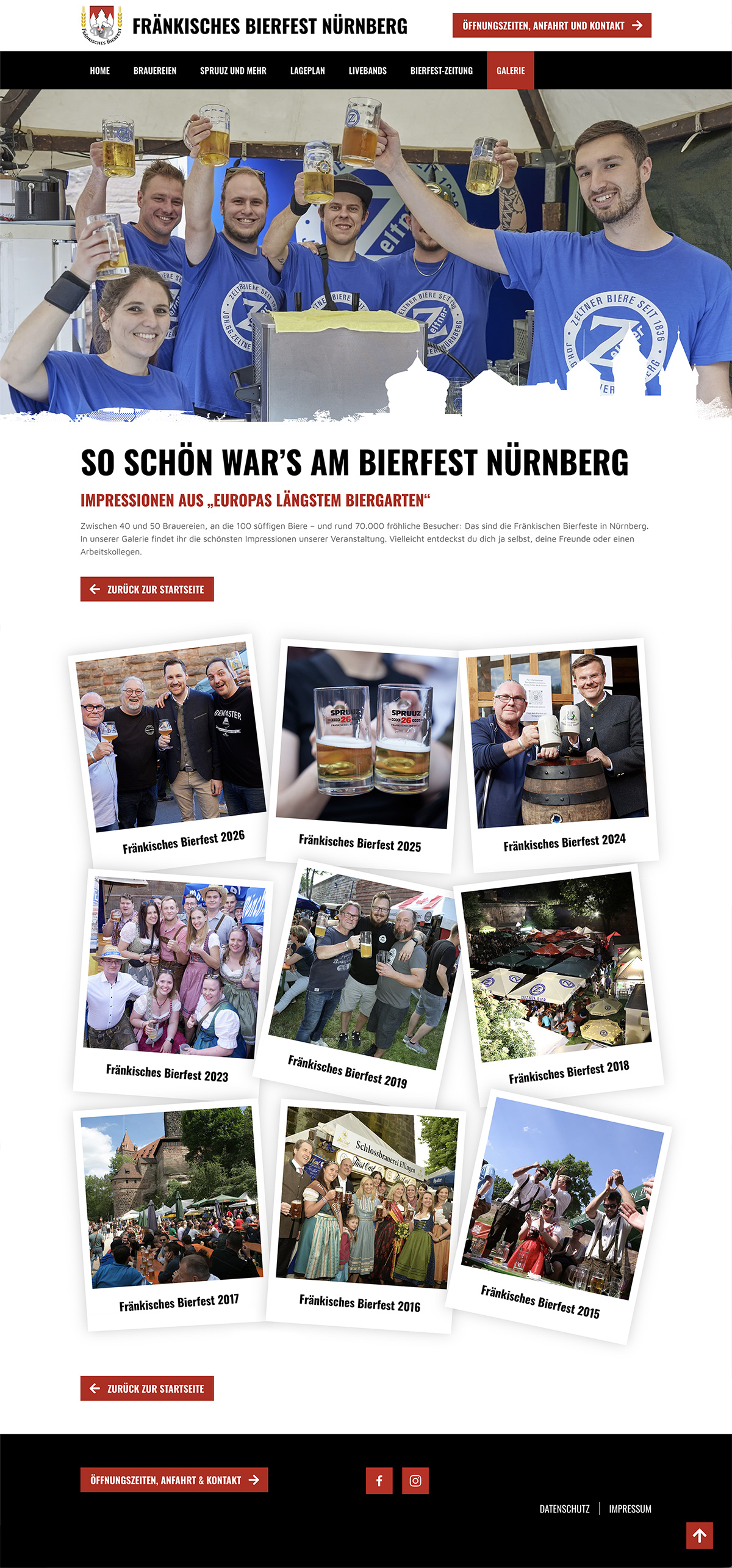 Seite Galerie, Headermotiv Mitarbeiter-Team Zeltner Bier, halten alle lachend Bierkrüge hoch, darunter Übersicht im Polaroidstil der letzten Jahre Fränkisches Bierfest, verlinken zu jeweiliger Galerie