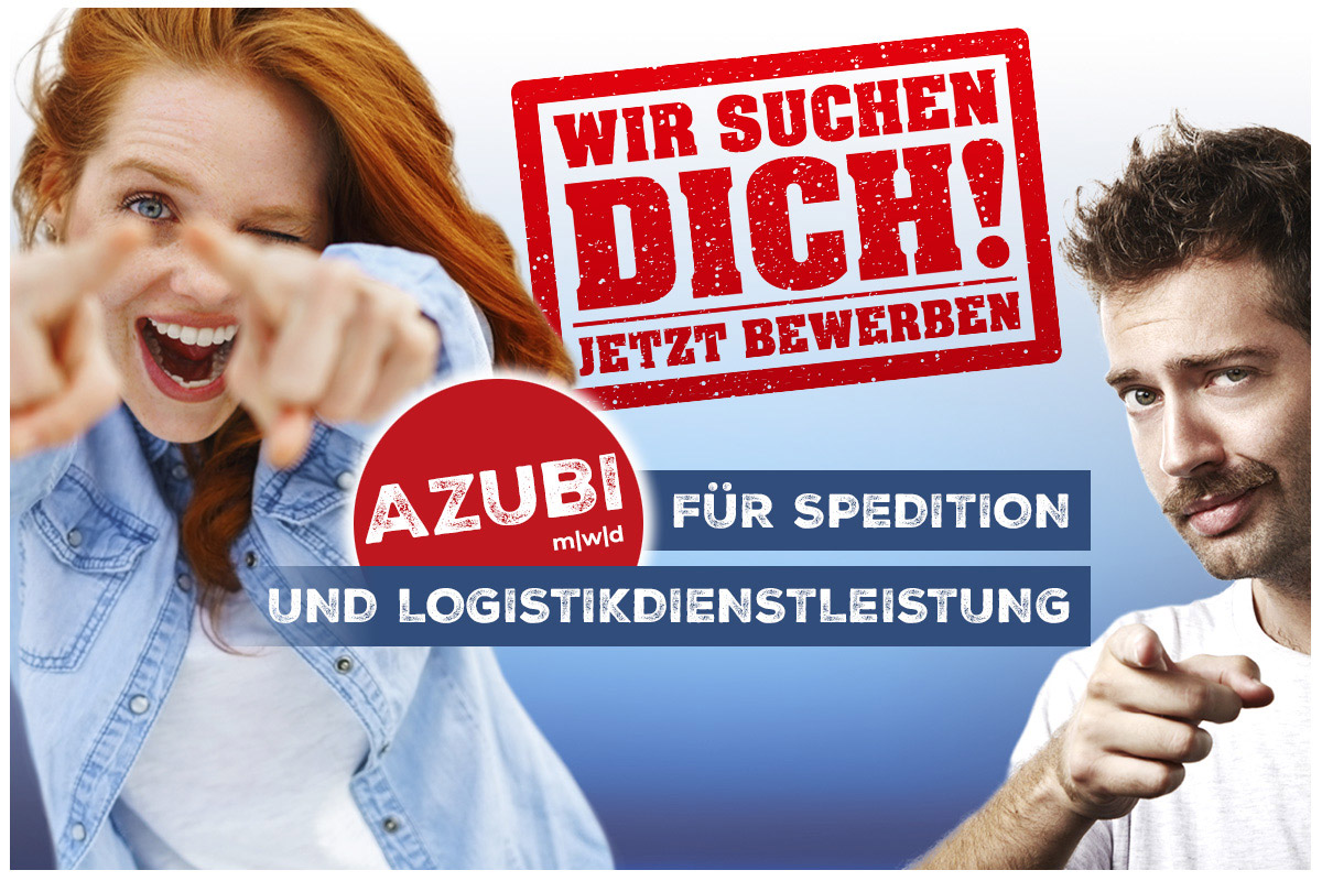 Popup-Fenster Stellenanzeige für Azubis, Internetauftritt Hohl Spedition, Wir suchen Dich!; Coole, peppige, rothaarige junge Frau und cooler junger Mann, die auf den Betrachter zeigen