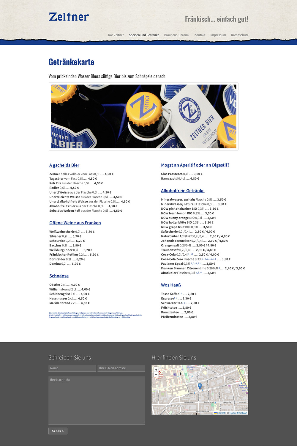 Folgeseite Internetauftritt Zeltner Bierhaus; Content: Getränkekarte; Footer