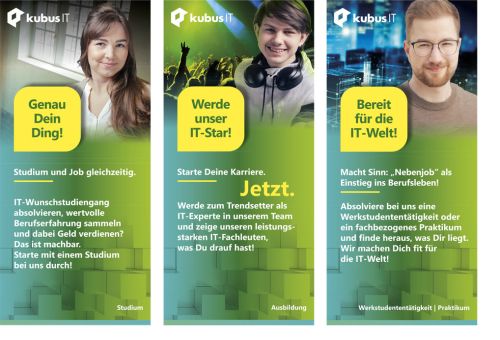 3 6-seitige Faltblätter zu Studium, Ausbildung, Praktikum mit jeweils Motiv von jungen Leuten, Hintergrund aus kleinen 3D-Würfeln, Verlaufsfarbe Dunkelgrün, Türkis zu Hellgrün