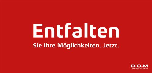 Titelseite einer Faltkarte im DIN-Langformat, Farbe Rot, Logo Weiß mit Slogan: "Entfalten Sie Ihre Möglichkeiten. Jetzt."