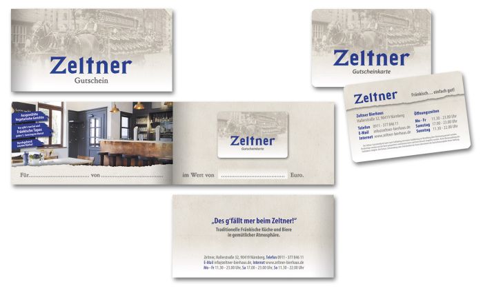 Gutscheinkarte Zeltner Bierhaus; Plastikscheckkarte eingeklebt in DIN-Lang-Karte, außen historisches Brauereimotiv, innen Gastraum