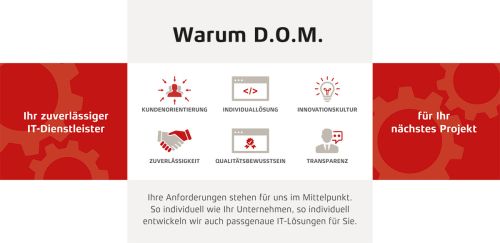 Seite "D.O.M – Ihr zuverlässiger IT-Dienstleister" der Faltkarte im DIN-Langformat, Farben Rot, Weiß, Beige, Schwarz